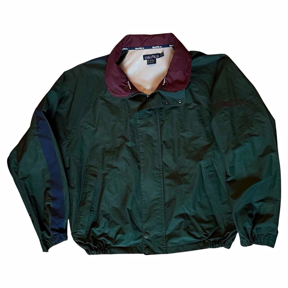 Vintage Nautica Windbreaker Green Zip Lined Jacket Embroidery Point Collar XXL